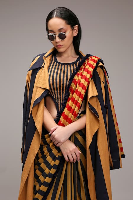 Shop MATI_1 Brown Cotton Round Neck, Collared Striped Bodysuit Saree And Jacket Set Online at Aza Fashions Shop_MATI_1_Brown Cotton Round Neck, Collared Striped Bodysuit Saree And Jacket Set _Online_at_Aza_Fashions