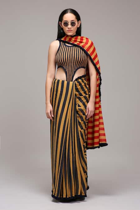 MATI_1 Brown Cotton Round Neck, Collared Striped Bodysuit Saree And Jacket Set at Aza Fashions MATI_1_Brown Cotton Round Neck, Collared Striped Bodysuit Saree And Jacket Set _at_Aza_Fashions