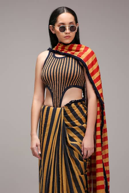 Shop MATI_1 Brown Cotton Round Neck, Collared Striped Bodysuit Saree And Jacket Set Shop_MATI_1_Brown Cotton Round Neck, Collared Striped Bodysuit Saree And Jacket Set