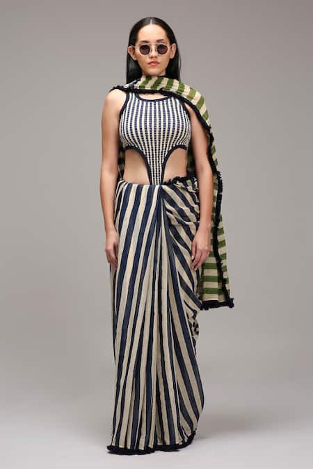 MATI_1 Navy Cotton Fringe, Embroidery Round Neck, Striped Bodysuit Saree And Jacket Set at Aza Fashions MATI_1_Navy Cotton Fringe, Embroidery Round Neck, Striped Bodysuit Saree And Jacket Set _at_Aza_Fashions