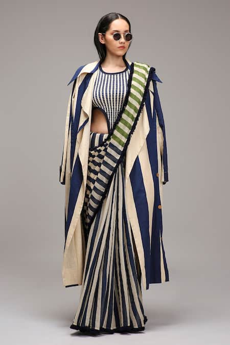 MATI_1 Striped Bodysuit Saree & Jacket Set 