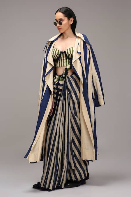MATI_1 Striped Saree & Longline Jacket Set 