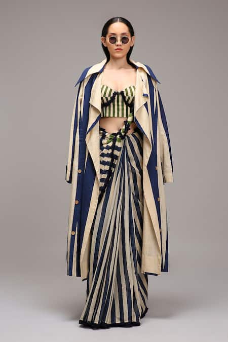 Shop MATI_1 Green Cotton Fringe, Embroidery Sweetheart Striped Saree And Longline Jacket Set Online at Aza Fashions Shop_MATI_1_Green Cotton Fringe, Embroidery Sweetheart Striped Saree And Longline Jacket Set _Online_at_Aza_Fashions