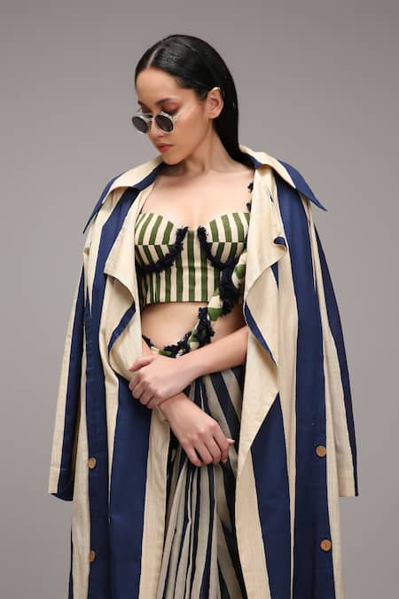 MATI_1 Green Cotton Fringe, Embroidery Sweetheart Striped Saree And Longline Jacket Set at Aza Fashions MATI_1_Green Cotton Fringe, Embroidery Sweetheart Striped Saree And Longline Jacket Set _at_Aza_Fashions