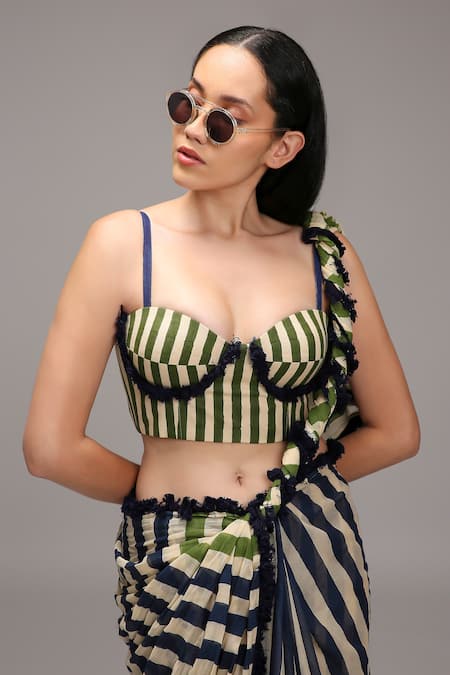 Buy MATI_1 Green Cotton Fringe, Embroidery Sweetheart Striped Saree And Longline Jacket Set Buy_MATI_1_Green Cotton Fringe, Embroidery Sweetheart Striped Saree And Longline Jacket Set