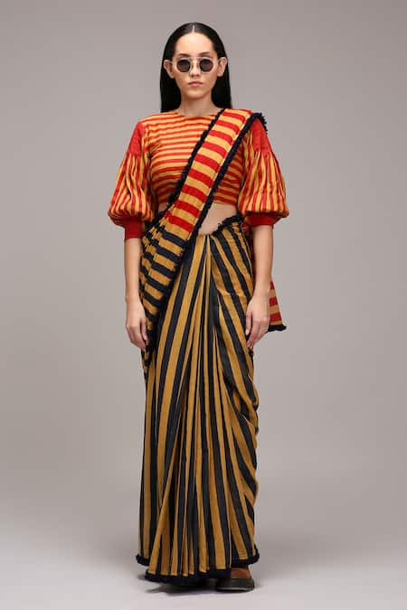 MATI_1 Striped Puff Sleeve Blouse & Saree Set 