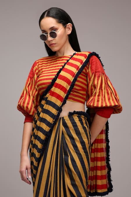 MATI_1_Red Cotton Fringe Round Neck Striped Puff Sleeve Blouse And Saree Set _Online_at_Aza_Fashions