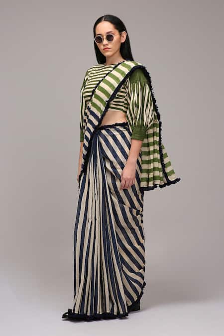 MATI_1_Green Cotton Fringe Round Neck Striped Saree And Blouse Set _Online_at_Aza_Fashions