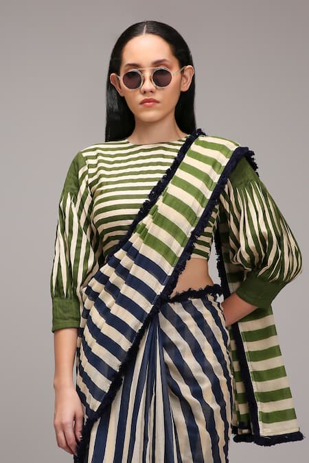Buy_MATI_1_Green Cotton Fringe Round Neck Striped Saree And Blouse Set _Online_at_Aza_Fashions