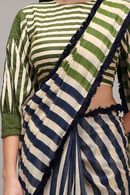 Shop_MATI_1_Green Cotton Fringe Round Neck Striped Saree And Blouse Set _Online_at_Aza_Fashions