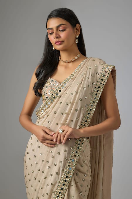 Buy_Vana Ethnics_Beige Chinon Mirrors, Sequins Sweetheart Neck, And Embroidered Saree With Blouse _Online_at_Aza_Fashions