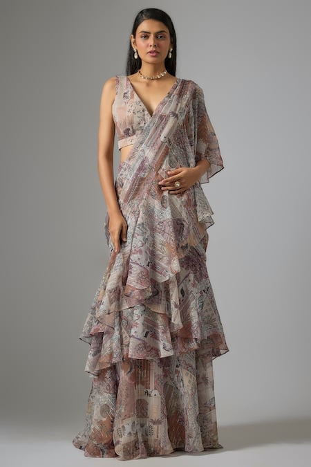 Vana Ethnics Beige Chinon, Lurex Sequins V-neck Printed Ruffled Lehenga Saree With Blouse Online at Aza Fashions Vana Ethnics_Beige Chinon, Lurex Sequins V-neck Printed Ruffled Lehenga Saree With Blouse _Online_at_Aza_Fashions