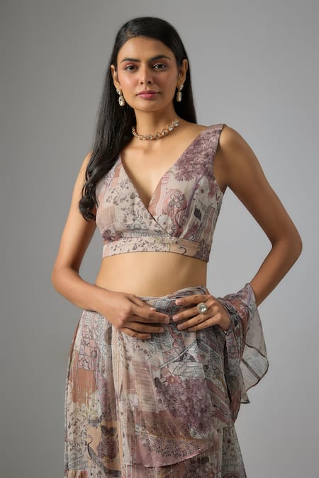 Buy Vana Ethnics Beige Chinon, Lurex Sequins V-neck Printed Ruffled Lehenga Saree With Blouse Online at Aza Fashions Buy_Vana Ethnics_Beige Chinon, Lurex Sequins V-neck Printed Ruffled Lehenga Saree With Blouse _Online_at_Aza_Fashions