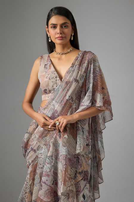 Shop Vana Ethnics Beige Chinon, Lurex Sequins V-neck Printed Ruffled Lehenga Saree With Blouse Online at Aza Fashions Shop_Vana Ethnics_Beige Chinon, Lurex Sequins V-neck Printed Ruffled Lehenga Saree With Blouse _Online_at_Aza_Fashions