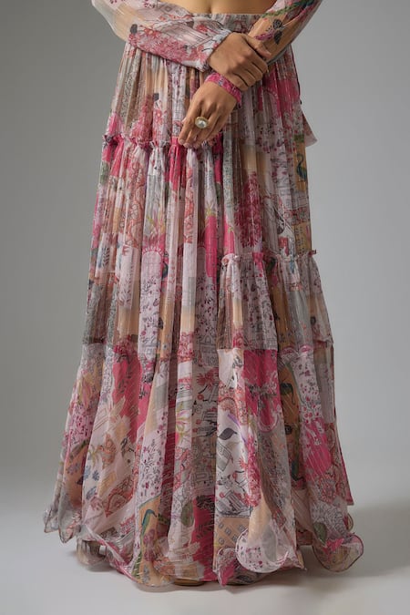 Buy Vana Ethnics Beige Chinon, Lurex Sequins V-neck Printed Tiered Lehenga Set Online at Aza Fashions Buy_Vana Ethnics_Beige Chinon, Lurex Sequins V-neck Printed Tiered Lehenga Set _Online_at_Aza_Fashions