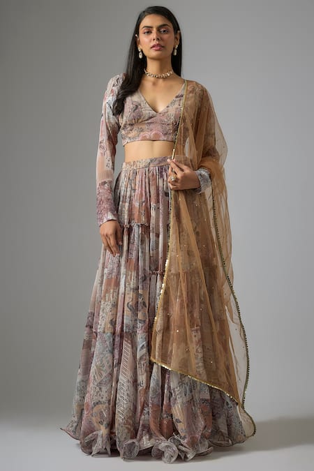 Vana Ethnics Beige Lurex, Chinon Sequins V-neck Printed Tiered Lehenga Set Online at Aza Fashions Vana Ethnics_Beige Lurex, Chinon Sequins V-neck Printed Tiered Lehenga Set _Online_at_Aza_Fashions