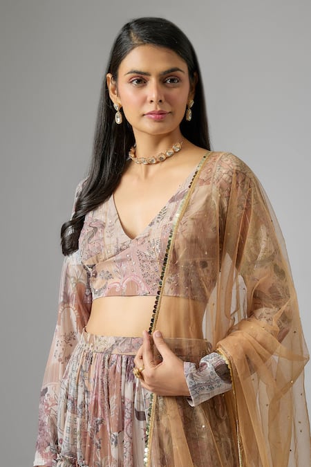 Buy Vana Ethnics Beige Lurex, Chinon Sequins V-neck Printed Tiered Lehenga Set Online at Aza Fashions Buy_Vana Ethnics_Beige Lurex, Chinon Sequins V-neck Printed Tiered Lehenga Set _Online_at_Aza_Fashions