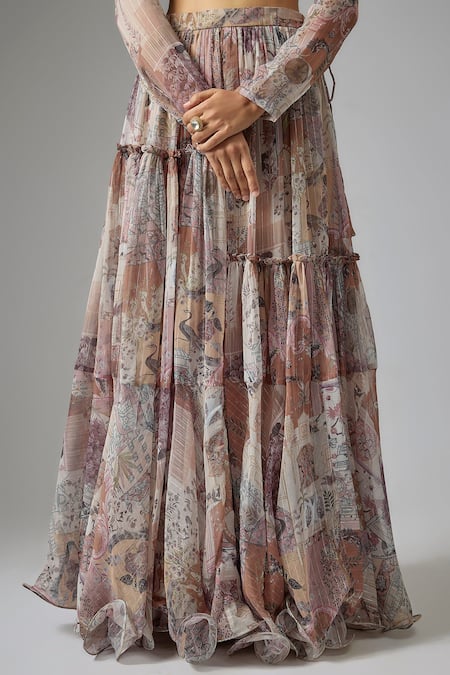 Shop Vana Ethnics Beige Lurex, Chinon Sequins V-neck Printed Tiered Lehenga Set Online at Aza Fashions Shop_Vana Ethnics_Beige Lurex, Chinon Sequins V-neck Printed Tiered Lehenga Set _Online_at_Aza_Fashions