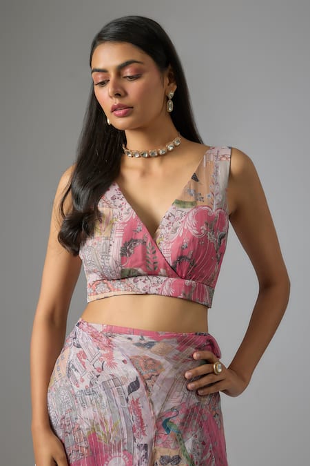 Vana Ethnics Beige Chinon, Lurex Sequins V-neck Printed Tiered Lehenga Blouse Set Online at Aza Fashions Vana Ethnics_Beige Chinon, Lurex Sequins V-neck Printed Tiered Lehenga Blouse Set _Online_at_Aza_Fashions
