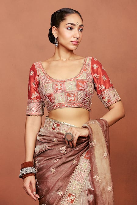 Sue Mue_Red Tissue, Silk Applique, Metallic Thread, Bhuri Tribal Saree And Blouse Set _Online_at_Aza_Fashions