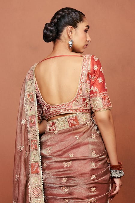 Buy_Sue Mue_Red Tissue, Silk Applique, Metallic Thread, Bhuri Tribal Saree And Blouse Set _Online_at_Aza_Fashions