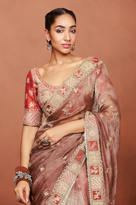 Shop_Sue Mue_Red Tissue, Silk Applique, Metallic Thread, Bhuri Tribal Saree And Blouse Set _Online_at_Aza_Fashions