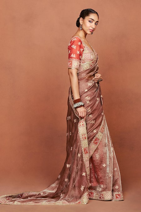 Sue Mue_Red Tissue, Silk Applique, Metallic Thread, Bhuri Tribal Saree And Blouse Set _at_Aza_Fashions