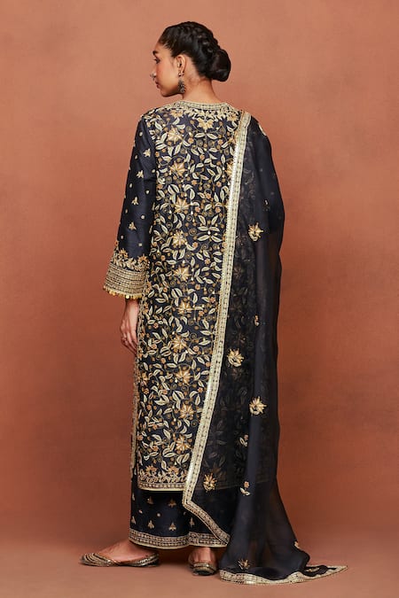 Sue Mue Taaj Floral Embroidered Raw Silk Kurta Set 