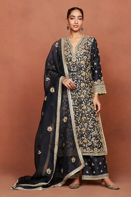 Sue Mue Taaj Floral Embroidered Raw Silk Kurta Set 