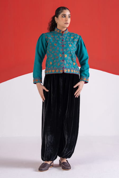 TA’Assur_Teal Wool Embroidery Mandarin Collar Rupsi Jacket _Online_at_Aza_Fashions