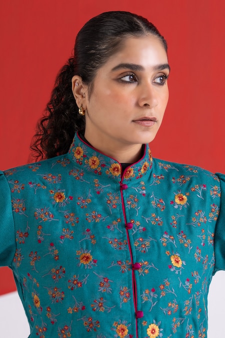 Buy_TA’Assur_Teal Wool Embroidery Mandarin Collar Rupsi Jacket _Online_at_Aza_Fashions