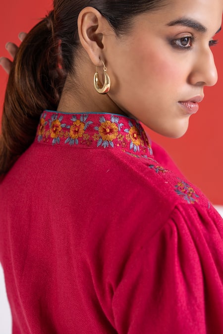 TA’Assur Fuchsia Wool Embroidery Mandarin Collar Rupsi Floral Jacket Online at Aza Fashions TA’Assur_Fuchsia Wool Embroidery Mandarin Collar Rupsi Floral Jacket _Online_at_Aza_Fashions