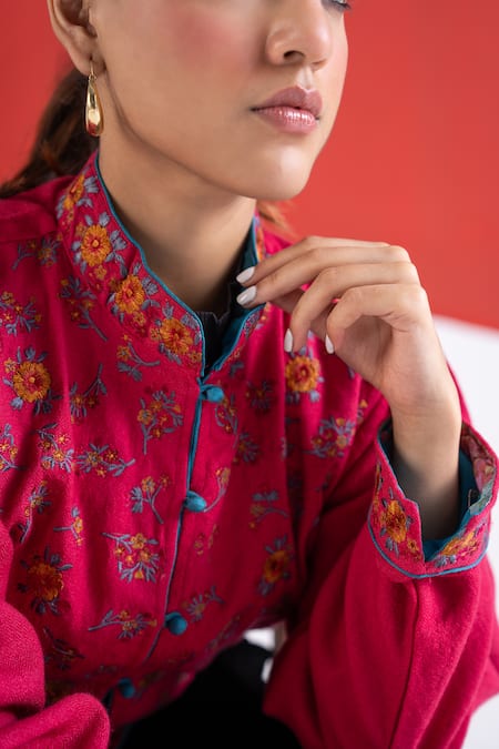 Shop TA’Assur Fuchsia Wool Embroidery Mandarin Collar Rupsi Floral Jacket Online at Aza Fashions Shop_TA’Assur_Fuchsia Wool Embroidery Mandarin Collar Rupsi Floral Jacket _Online_at_Aza_Fashions