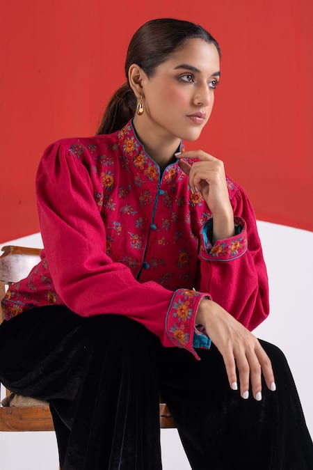 TA’Assur Fuchsia Wool Embroidery Mandarin Collar Rupsi Floral Jacket at Aza Fashions TA’Assur_Fuchsia Wool Embroidery Mandarin Collar Rupsi Floral Jacket _at_Aza_Fashions