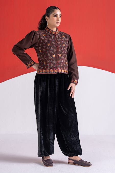 TA’Assur Brown Wool Embroidery Mandarin Collar Rupsi Floral Jacket Online at Aza Fashions TA’Assur_Brown Wool Embroidery Mandarin Collar Rupsi Floral Jacket _Online_at_Aza_Fashions