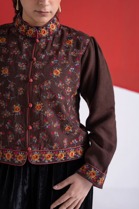 Shop TA’Assur Brown Wool Embroidery Mandarin Collar Rupsi Floral Jacket Online at Aza Fashions Shop_TA’Assur_Brown Wool Embroidery Mandarin Collar Rupsi Floral Jacket _Online_at_Aza_Fashions