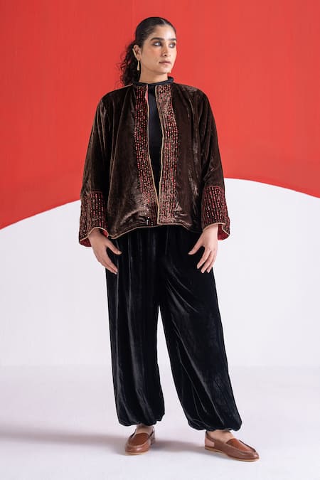 Shop TA’Assur Brown Velvet Sequins, Metallic Thread Open Neck Mastani Embroidered Jacket Online at Aza Fashions Shop_TA’Assur_Brown Velvet Sequins, Metallic Thread Open Neck Mastani Embroidered Jacket _Online_at_Aza_Fashions