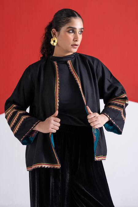 TA’Assur Black Wool Embroidery, Sequins Mandarin Collar Zainaab Jacket Online at Aza Fashions TA’Assur_Black Wool Embroidery, Sequins Mandarin Collar Zainaab Jacket _Online_at_Aza_Fashions