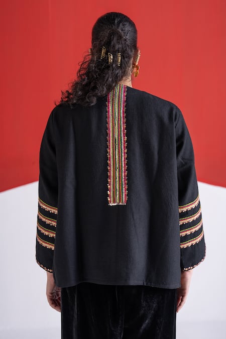 TA’Assur Black Wool Embroidery, Sequins Mandarin Collar Zainaab Jacket at Aza Fashions TA’Assur_Black Wool Embroidery, Sequins Mandarin Collar Zainaab Jacket _at_Aza_Fashions