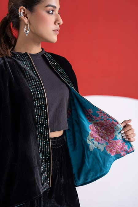 Buy TA’Assur Black Wool Sequins Round Neck Mastani Velvet Embellished Jacket Buy_TA’Assur_Black Wool Sequins Round Neck Mastani Velvet Embellished Jacket