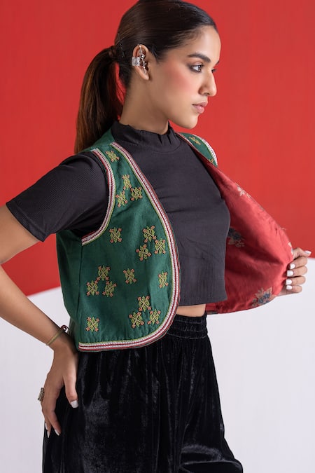 TA’Assur Green Wool Beads, Embroidery Open Neck Sanaa Koti Jacket Online at Aza Fashions TA’Assur_Green Wool Beads, Embroidery Open Neck Sanaa Koti Jacket _Online_at_Aza_Fashions