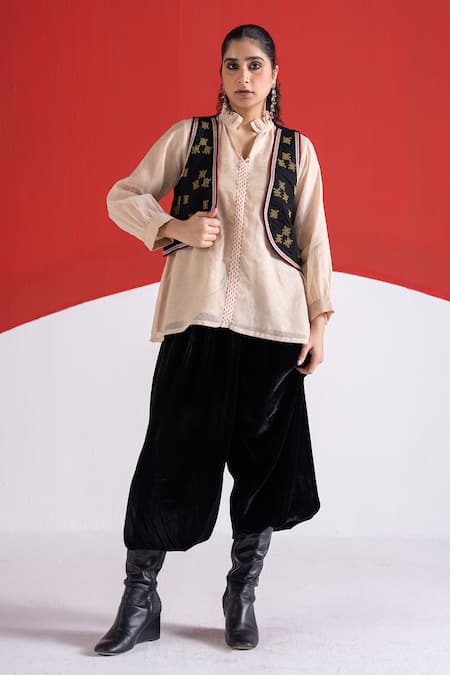 TA’Assur_Black Wool Embroidery Open Neck Sanaa Koti Jacket _at_Aza_Fashions