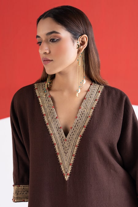Buy_TA’Assur_Brown Wool Embroidery, Zari, Beads V-neck Roha Phiran Kurta _Online_at_Aza_Fashions
