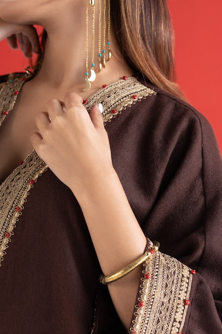 Shop_TA’Assur_Brown Wool Embroidery, Zari, Beads V-neck Roha Phiran Kurta _Online_at_Aza_Fashions