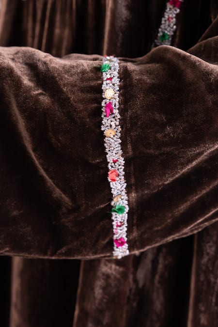 Buy_TA’Assur_Brown Velvet Embroidery, Sequins, Beads Split V-neck Eza Phiran Kurta _Online_at_Aza_Fashions