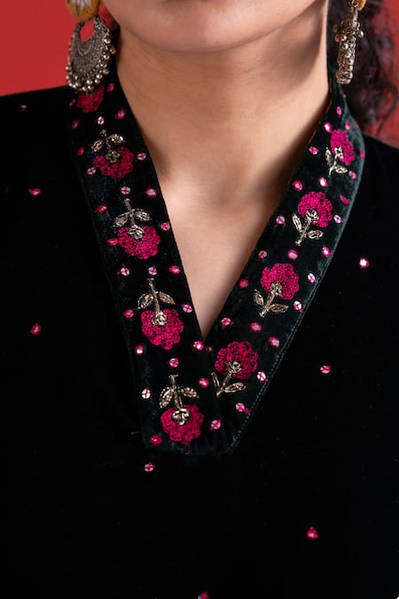 Shop_TA’Assur_Black Silk, Velvet Embroidery, Sequins Split V-neck Rosy Work Phiran Kurta _Online_at_Aza_Fashions