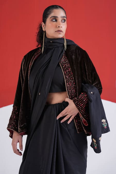 Buy_TA’Assur_Black Silk Fiza Saree _Online_at_Aza_Fashions