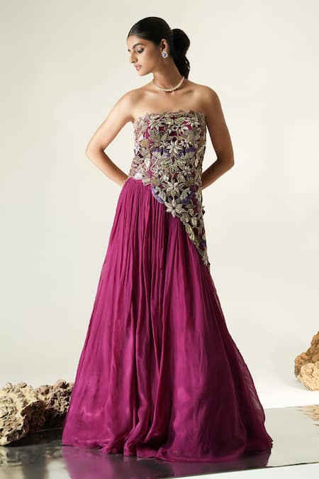 Shop_Muskan Aggarwal_Wine Net, Organza Embroidery, Zari, Mirrors, Vione Asymmetric Top And Lehenga Set _Online_at_Aza_Fashions