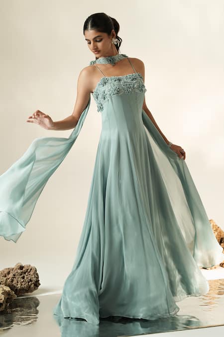 Muskan Aggarwal_Sky Blue Georgette, Net Fabric Aarvi Dori Embroidered Anarkali With Dupatta _Online_at_Aza_Fashions