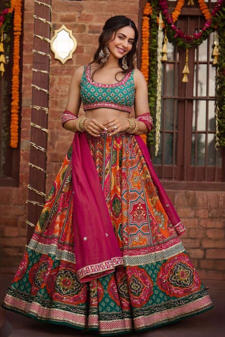 Kalista Multi Color Silk, Georgette, Tissue Aadhya Raw Floral Print Bridal Lehenga Set 